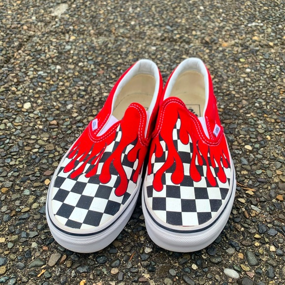 Vans Shoes - Vans Slip-On Checkerboard Flame Red&White Shoes